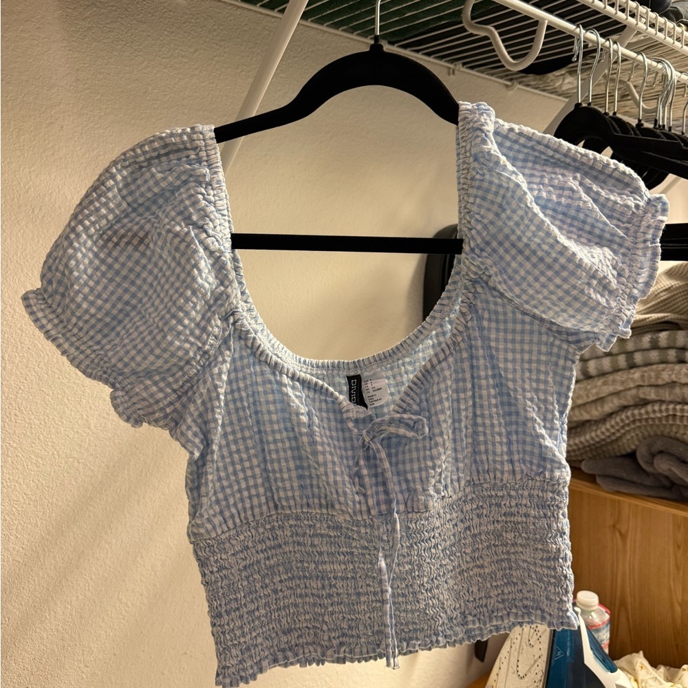 Divided Light Blue Gingham Puff Sleeve Blouse